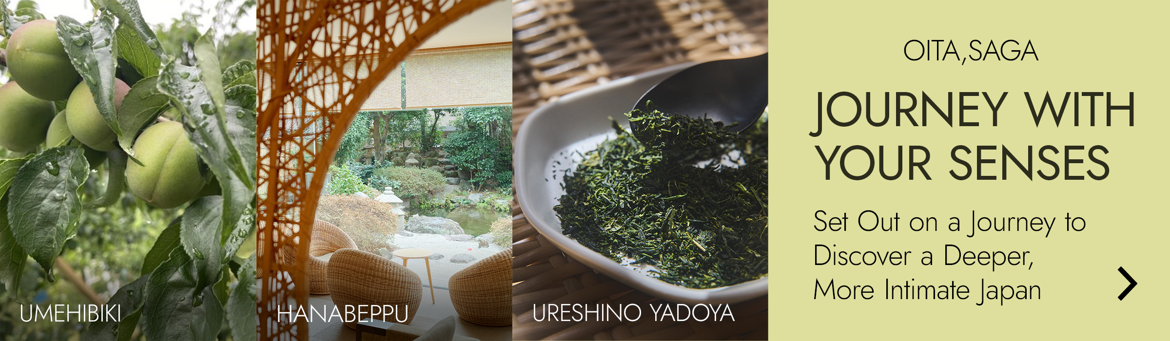 OITA,SAGA JOURNEY WITH YOUR SENSES Set Out on a journey to Discover a Deeper, More Intimate Japan UMEHIBIKI HANABEPPU URESHINO YADOYA
